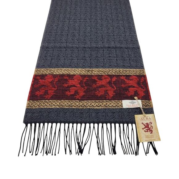 Calzeat Wool Blend Scarf 70"x15" Red Celtic Lion Fringe Wrap Shawl Scotland NEW - Picture 1 of 4
